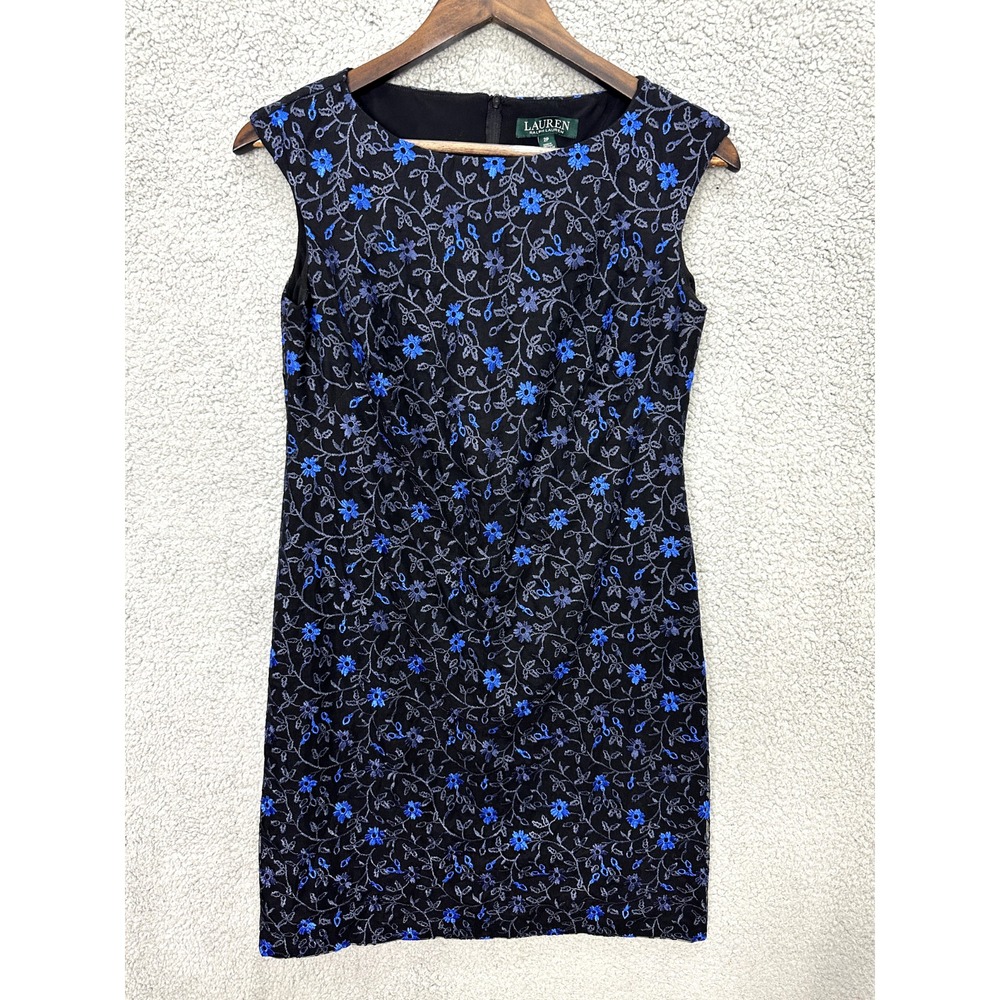 Lauren Ralph‎ Lauren Blue Floral Embroidered Sheath Dress Size 2P Wedding Guest